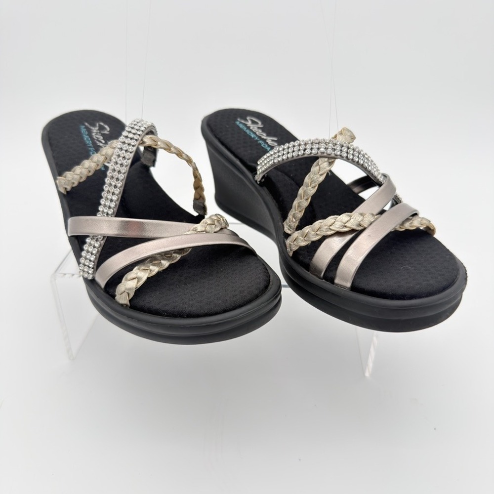 Skechers Memory Foam Wedge Sandals Rhinestone Metallic‎ Braided Women's 6